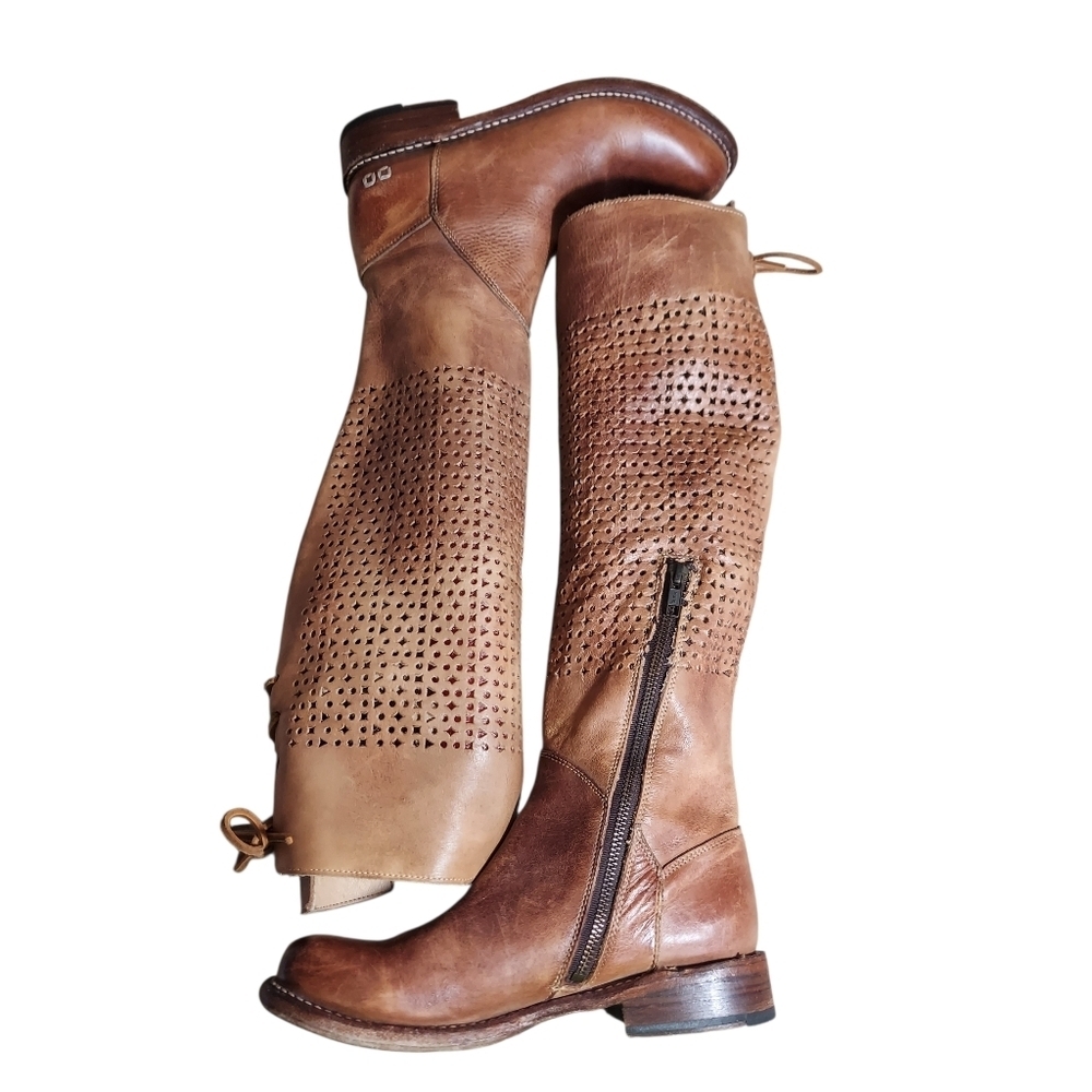 Bed Stu Cambridge Tan Brown Leather Cutout Knee-High Riding Boots - Picture 10 of 14
